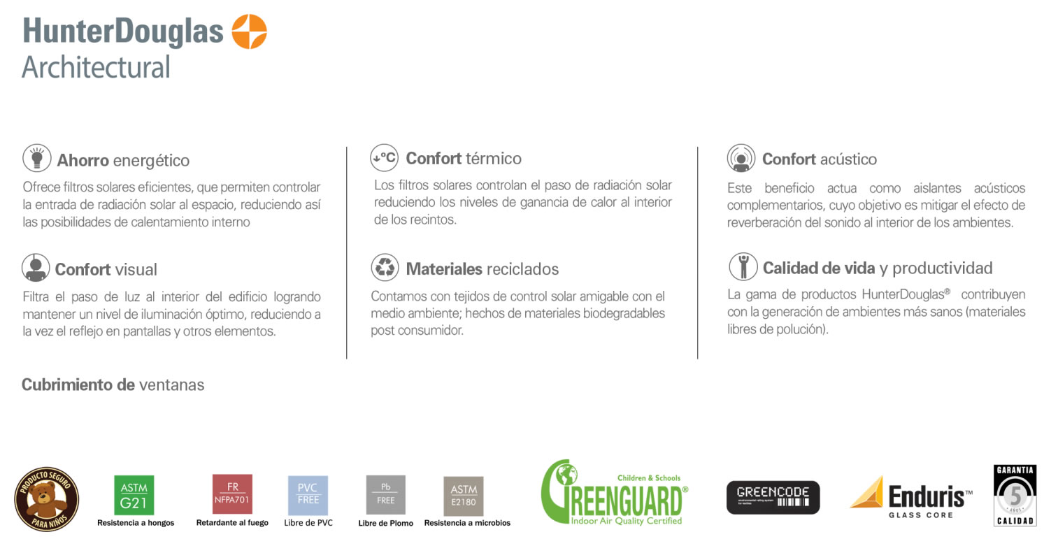 Beneficios HD Green HUNTER DOUGLAS en Bogotá, Colombia. Sortilegio Design Center SAS.