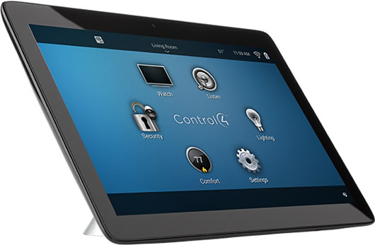 Pantalla táctil tablet portátil color negro hogares inteligentes Control4 en Bogotá, Colombia. Sortilegio Design Center SAS.